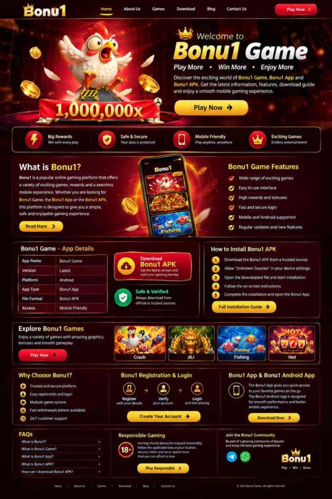Bonu1 Game homepage featuring Bonu1 App, Bonu1 APK, game features and mobile gaming options