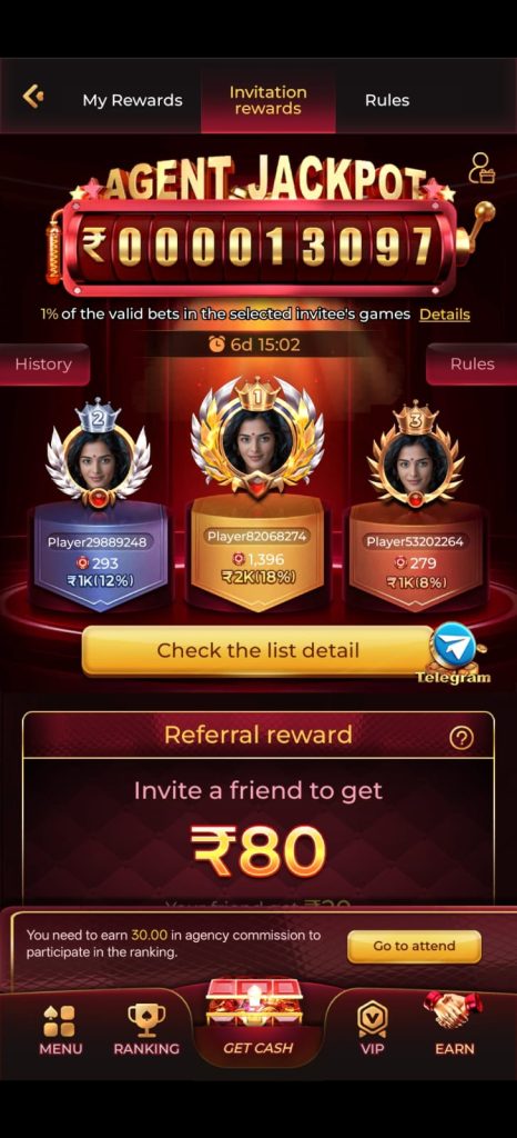 Agent Jackpot screen with player rankings and referral rewards