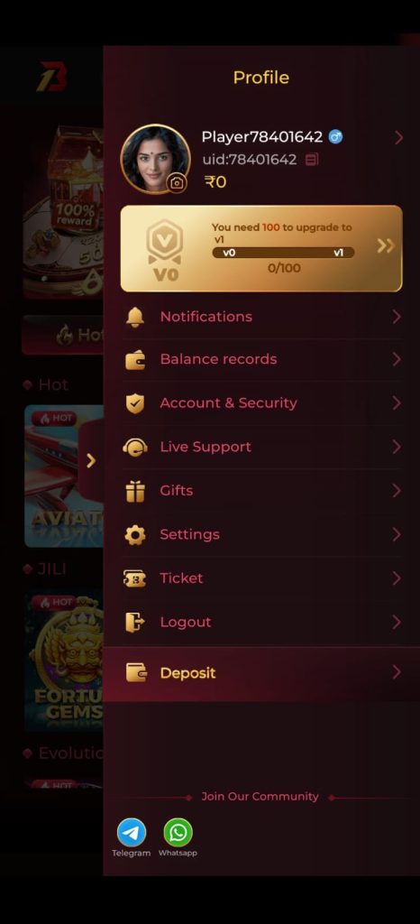 Game profile screen with account settings, VIP level, deposit and security options