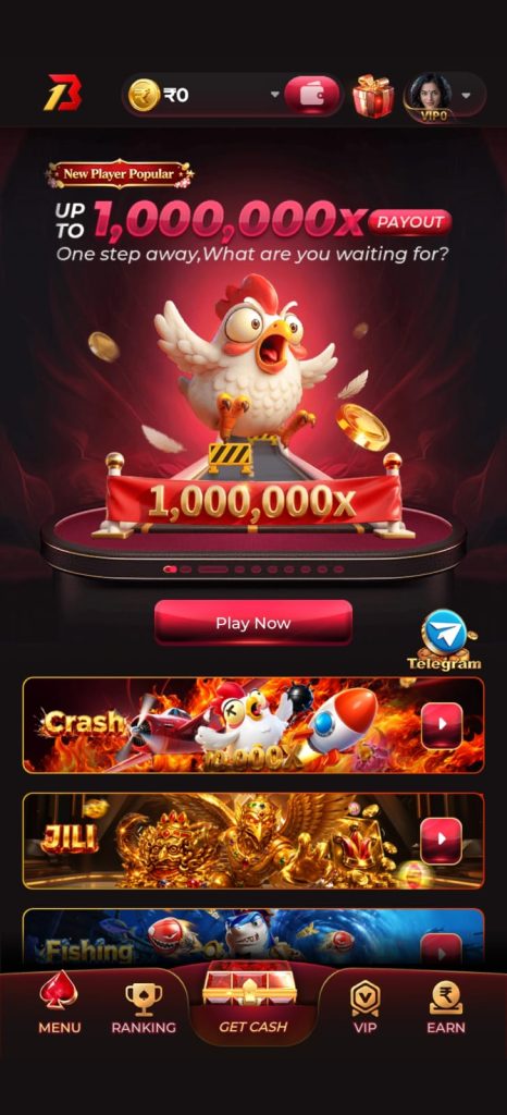 Game home screen featuring popular games, jackpot banner, and play now button